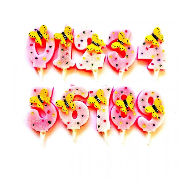 Свечи для торта Цифры | розовые+бабочка Свечи для торта Цифры | розовые+бабочка